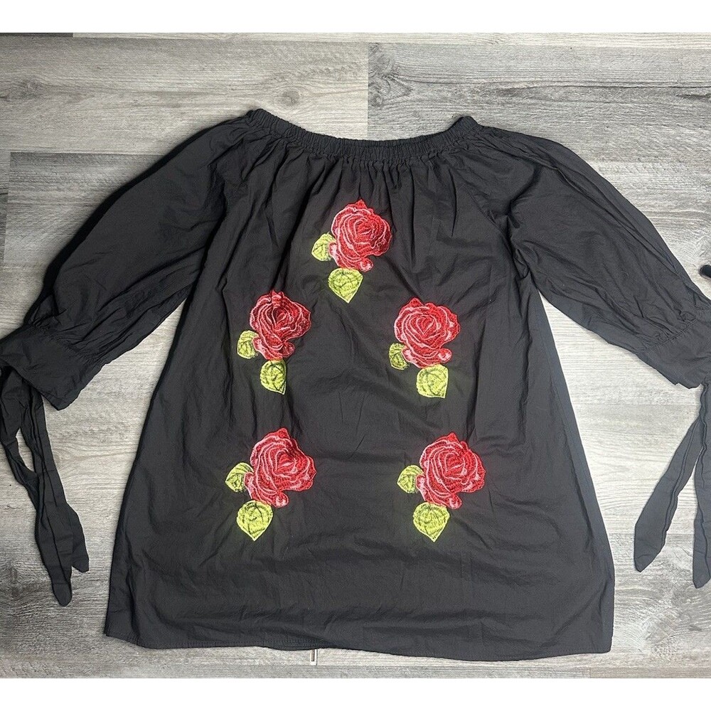 Velzera Black Off-Shoulder Embroidered Rose Tunic Top 100% Cotton US 1XL